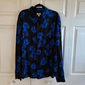 Open Edit Blue Black Floral Blurred Print Button Up Shirt Viscose‎ Preppy Fun XL